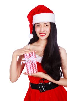 happy woman in Santa Claus clothes with gift box isolated on a white background