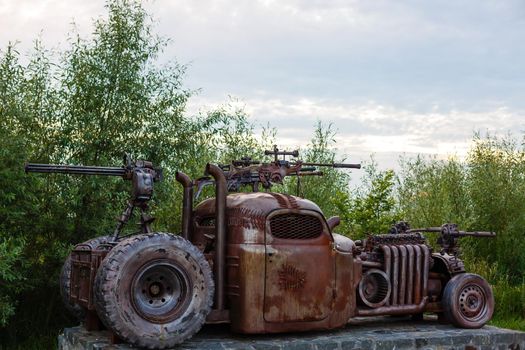 Gurivschina, Ukraine - July 04, 2020: Victoria film studio near Kiev. Film studio in the form of a castle with monsters, zombies car, hut and stranger.