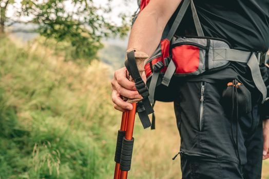 Man hand holding trekking sticks during expedition in mountains