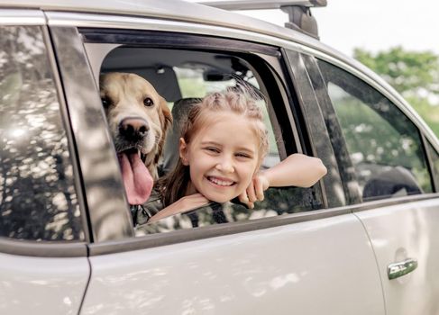 Preteen girl with golden retriever dog sitting in the car and looking from the window open and smiling. Child kid with purebred doggy pet in the vehicle outdoors