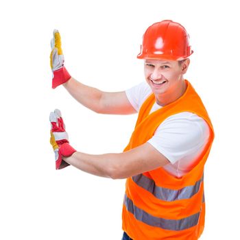 handsome worker man in a helmet on a white background