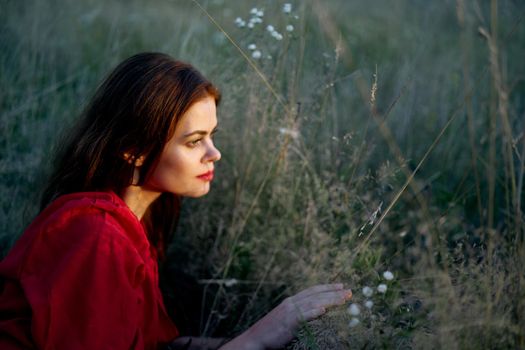 pretty woman in red dress lies on the grass nature sun. High quality photo