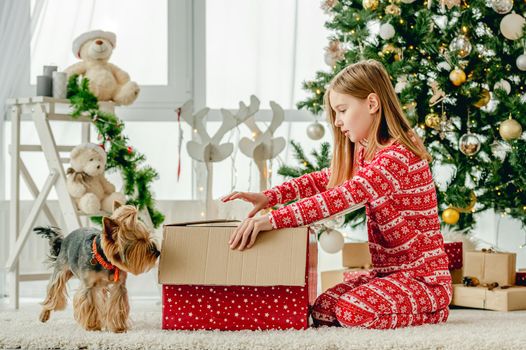 Child girl with dog unpacks Christmas red gift box at home. Kid celebrating New Year with presents and doggy pet