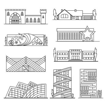 Set of black line style icons facade store and shop, home and office. Sketch outline town of commercial architecture, old and modern buildings. City contour isolated symbols. Jpeg illustration