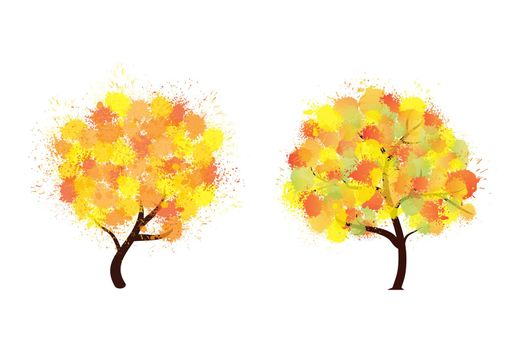 Autumn stylized trees forming by blots watercolor. Colorful paint splash trees with different abstract brush leaves. Eco design style symbols set. Jpeg illustration.