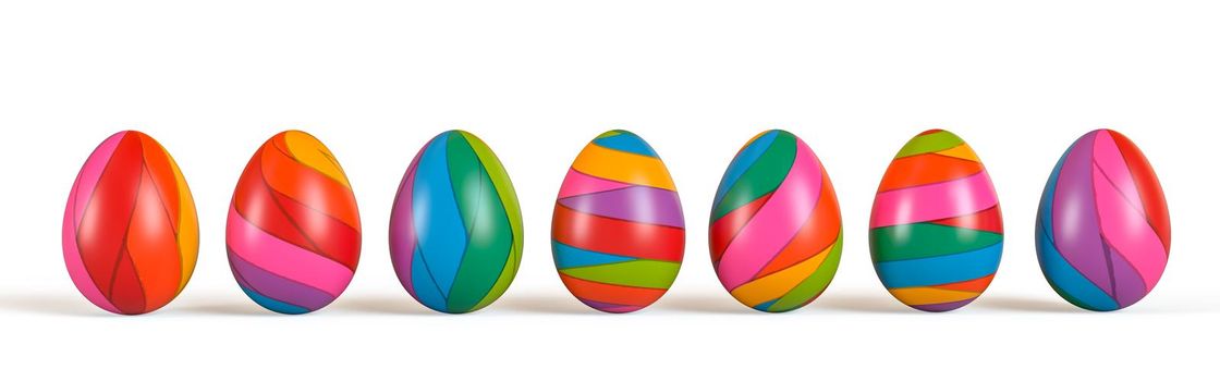 Easter eggs set, collection isolated on white background, 3D rendering illustration.