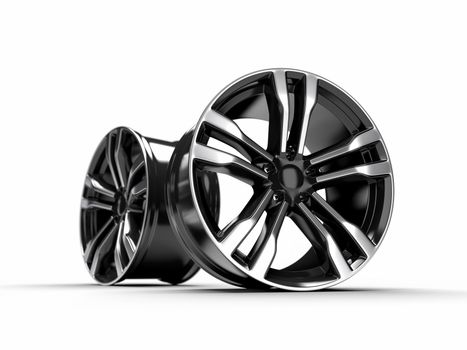 car alloy wheel, isolated over white background 3D rendering illustration.