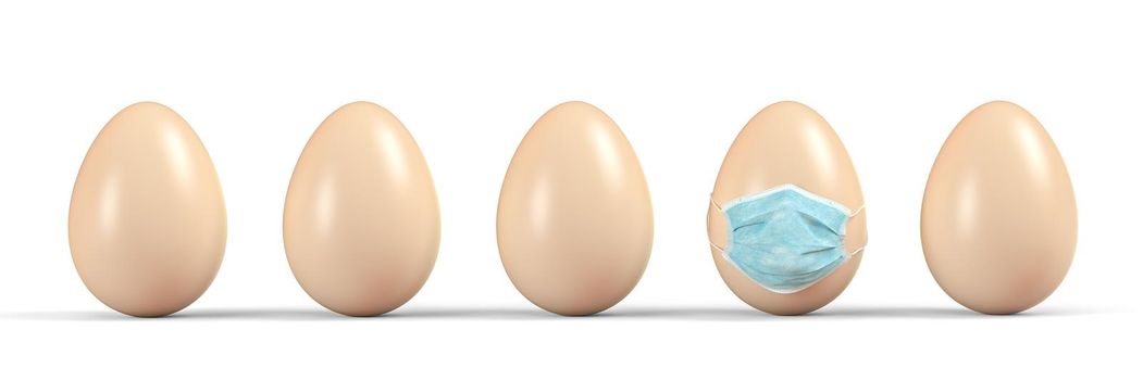 A set of eggs. One egg in a medical mask, 3D rendering illustration.