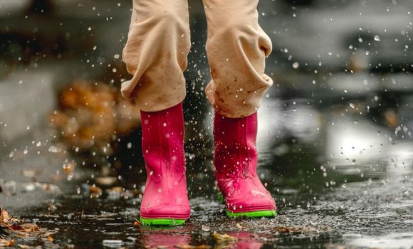 Kid wearing rubber boots standing in puddle in rainy day at autumn. Child feet in gumboots outdoors in fall season
