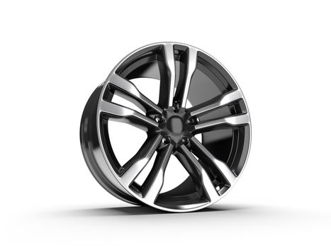 Black car alloy wheel, isolated over white background 3D rendering illustration.