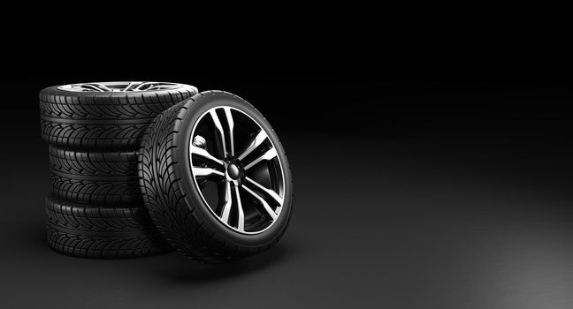 Four car wheels on black background, 3D rendering illustration.