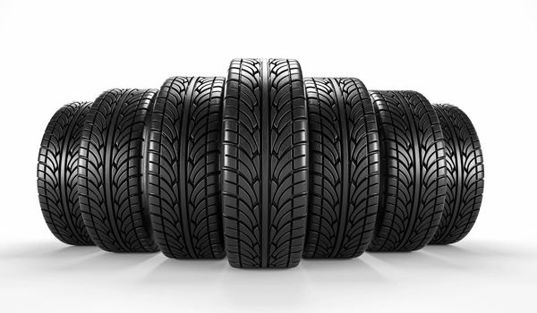 Car tire on white background. Poster or cover design. 3D rendering illustration.