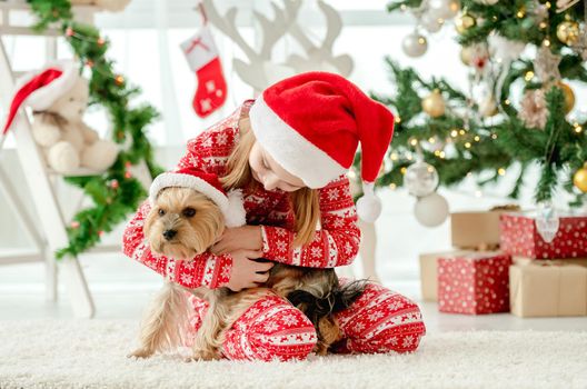 Child girl petting dog wearing Santa hat at home in Christmas time. Female kid with doggy pet in New Year time