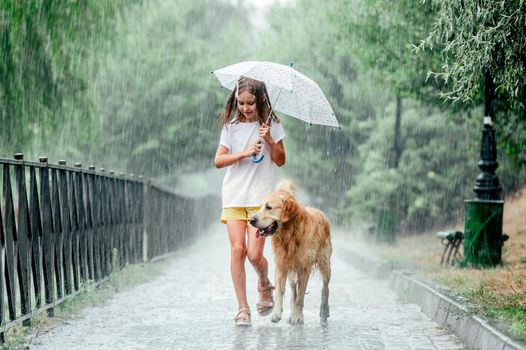 Girl with golden retriever dog wet during rain walking under umbrella outside. Preteen kid with doggy pet in rainy day together