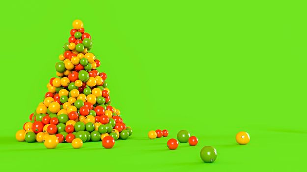 Christmas tree made of colorful balls on a green background. New Year concept 3D rendering illustration.