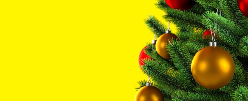 Close up of balls on christmas tree. Yellow background. New Year concept.