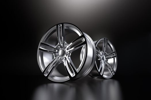 forged car rim isolated on black background 3D rendering illustration.