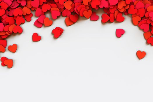 Red hearts confetti. Scatter cornered border on white valentine background. 3D rendering illustration