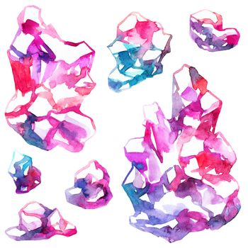 Hand-drawn watercolor crystals - painting on white background