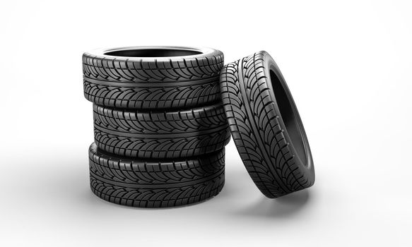Four car tires on whine background, 3D rendering illustration.