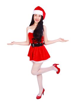 woman with empty blank palm hand in Santa Claus clothes isolated on a white background