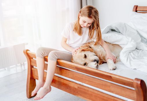 Golden retriever dog resting in the bed while little girl petting him. Kid staying at home with pet doggy in the morning. Domestic animal with owner