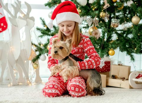 Child girl with dog sitting on floor with Christmas tree on background. Kid and pet doggy in New Year time