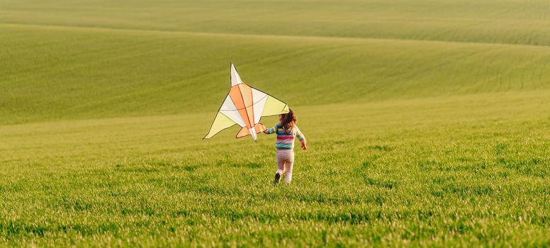 Rear view of little girl holding kite on field at sunset
