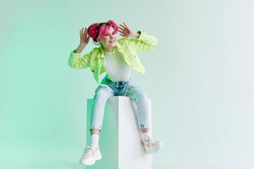 fashionable woman bright makeup posing poster. High quality photo