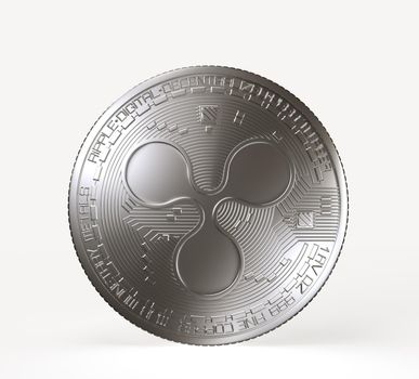 Crypto currency silver coin with ripple symbol on obverse isolated on white background, 3D rendering illustration.