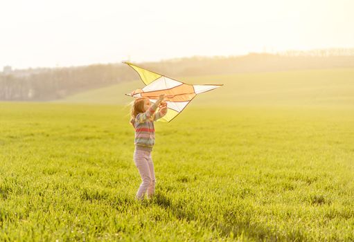 Beautiful little girl with flying kite on sunny field