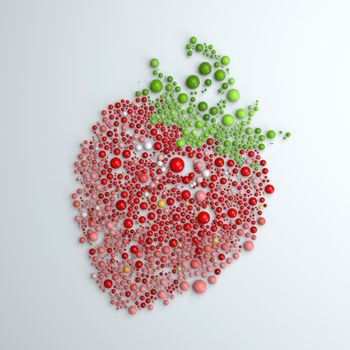 Strawberry mosaic of filled circles in various sizes and color hues, based on strawberry icon 3D rendering illustration