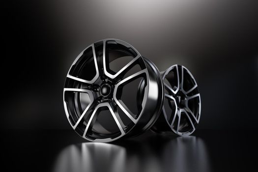 car alloy wheel, isolated on black 3D rendering illustration.