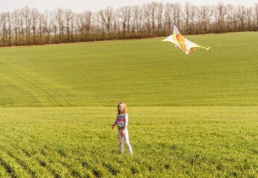 Beautiful little girl with flying kite on sunny field