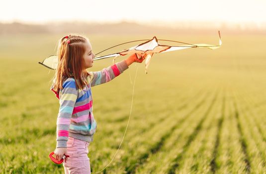 Beautiful little girl with flying kite on sunny field