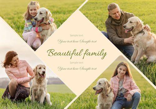 Collage of beautiful family having fun with cute dog