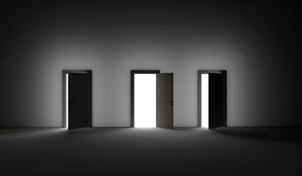 An open door with bright light streaming into a very dark room. 3D rendering illustration