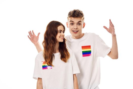 young couple lgbt community flag transgender lifestyle. High quality photo