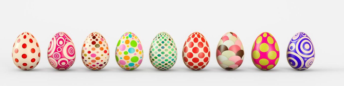 Set of realistic eggs on white background. Easter collection. 3D rendering illustration.