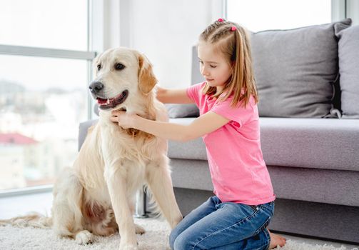 Pretty little girl with golden retriever in bright room