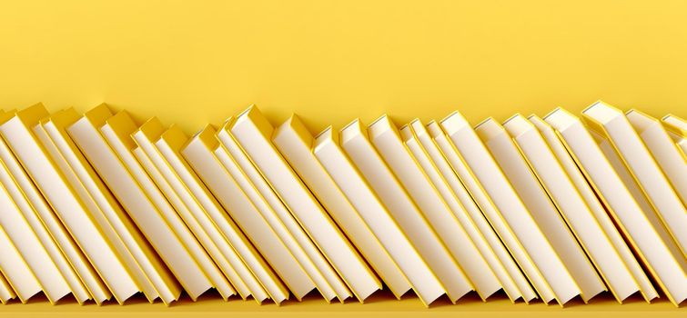 The books are tilted on a yellow shelf, 3D rendering illustration.