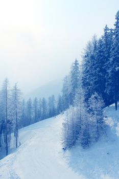 Ski slope in Alps mountains in Solden Austria resort winter sport vacation