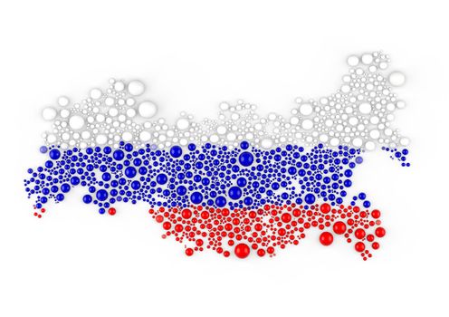 Multicolored raster abstract composition of Russia Map constructed of spheres items. Russia Map and flag 3D rendering illustration.