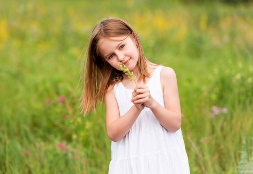 Cute little girl holding wildflower bouquet on blooming field background