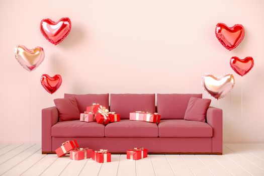 Pink interior with gifts, heart-shaped balloons and sofa. Valentine's day. 3D rendering illustration.
