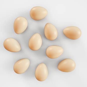 Raw eggs on white background. Top view. 3D rendering illustration.