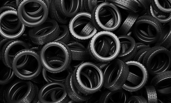 A large pile of car tires, 3D rendering illustration.