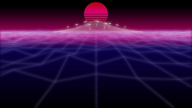 synthwave island in the sea 80s 90s Retro Futurism lo-fi sci-fi Background 3d illustration render