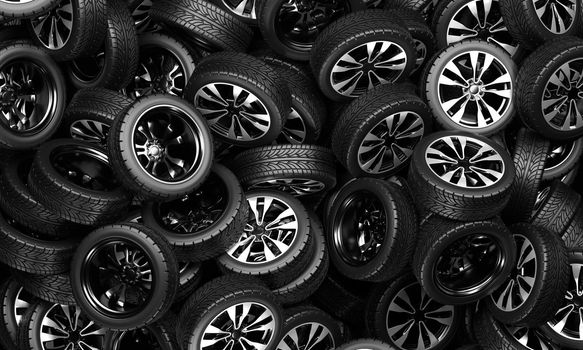 A large pile of car wheels, 3D rendering illustration.