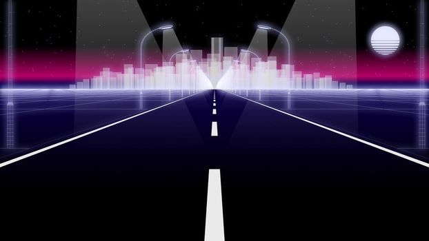 night city road lanterns with light on and moon 80s Retro Futurism wireframe Background seamless loop 3d illustration render low angle view